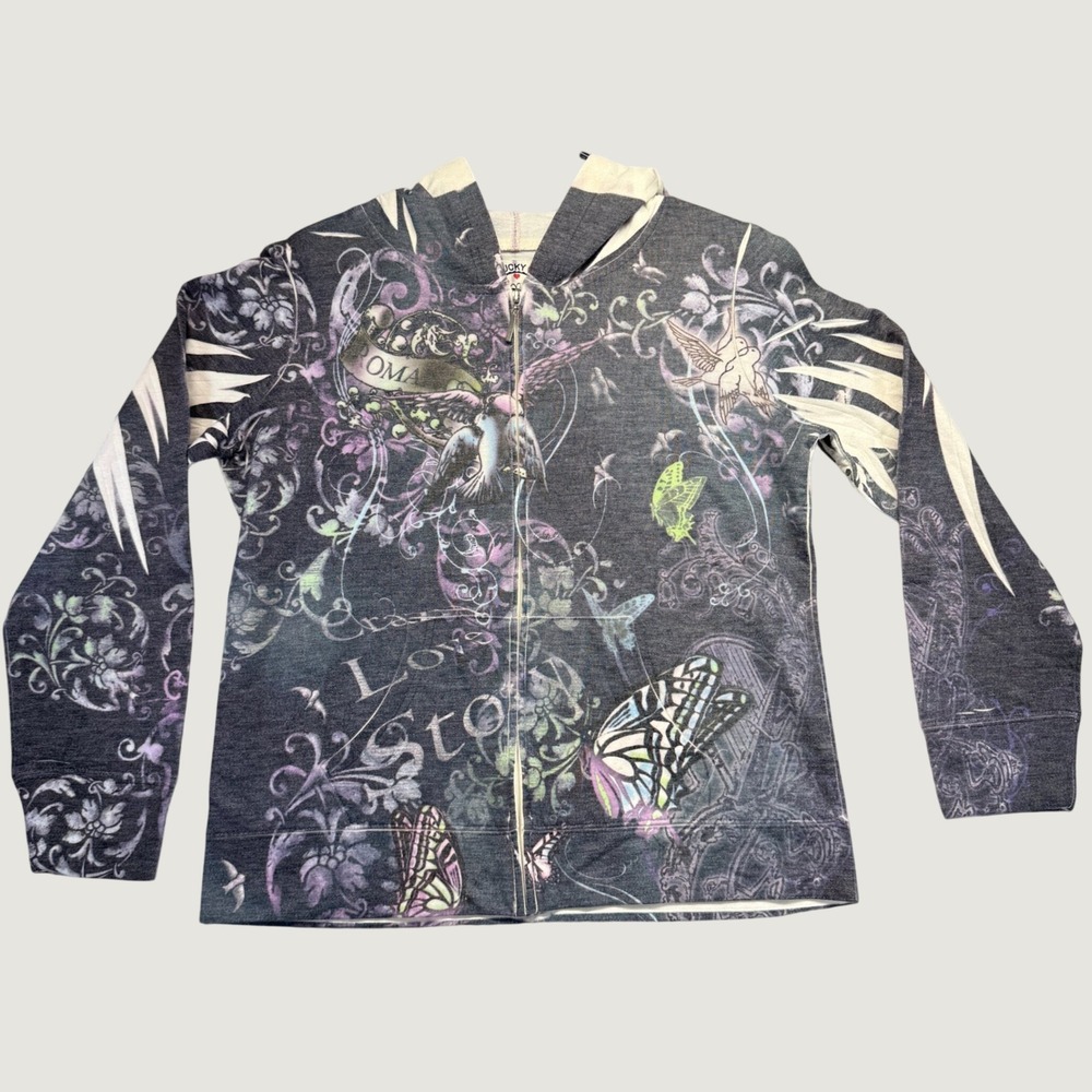 Vintage Lucky Zip Up Hoodie Women Large Gray Y2K Cotton Butterfly Grunge Graphic